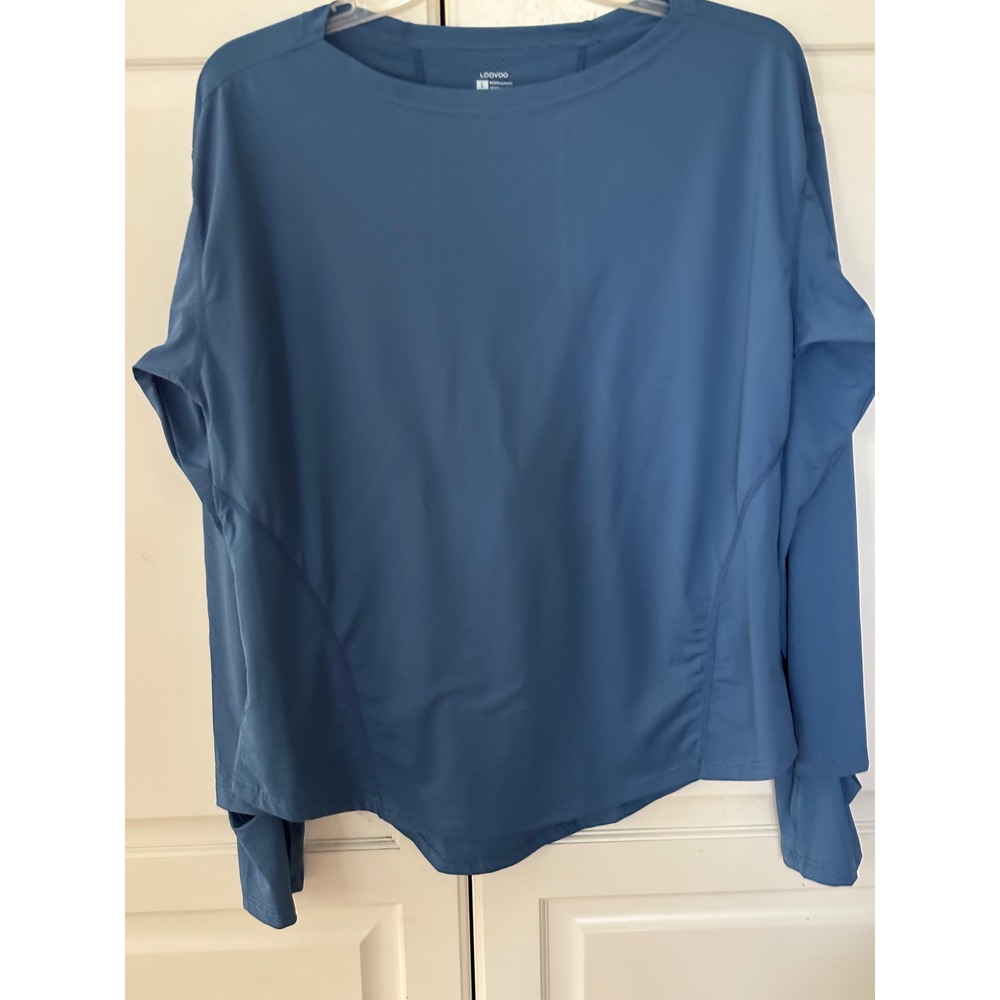 LOOVOO Womens Blue Long Sleeve Activewear Top Thumbholes Side‎ Pocket Size L - Picture 2 of 7